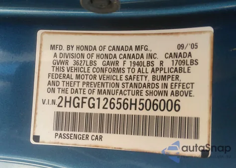 2006 Honda Civic Lx from USA, damaged, VIN 2HGFG12656H506006